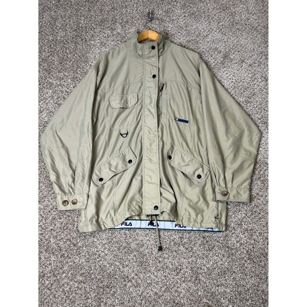 Fila Vintage Mens Utility Field Jacket Tan Khaki Full Zip Mesh Lined Size 12